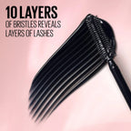 Refect Beauty Maybelline Lash Sensational mascara brush showing a rich black pigment swatch with ten bristle layers