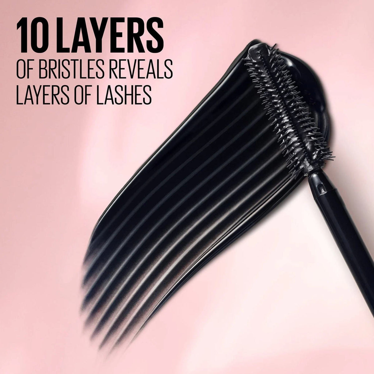 Refect Beauty Maybelline Lash Sensational mascara brush showing a rich black pigment swatch with ten bristle layers