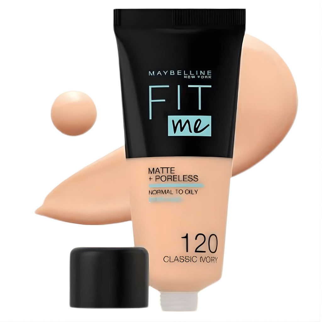 Refect Beauty Maybelline Fit Me Matte Poreless Foundation in Classic Ivory 120 with a swatch of liquid makeup