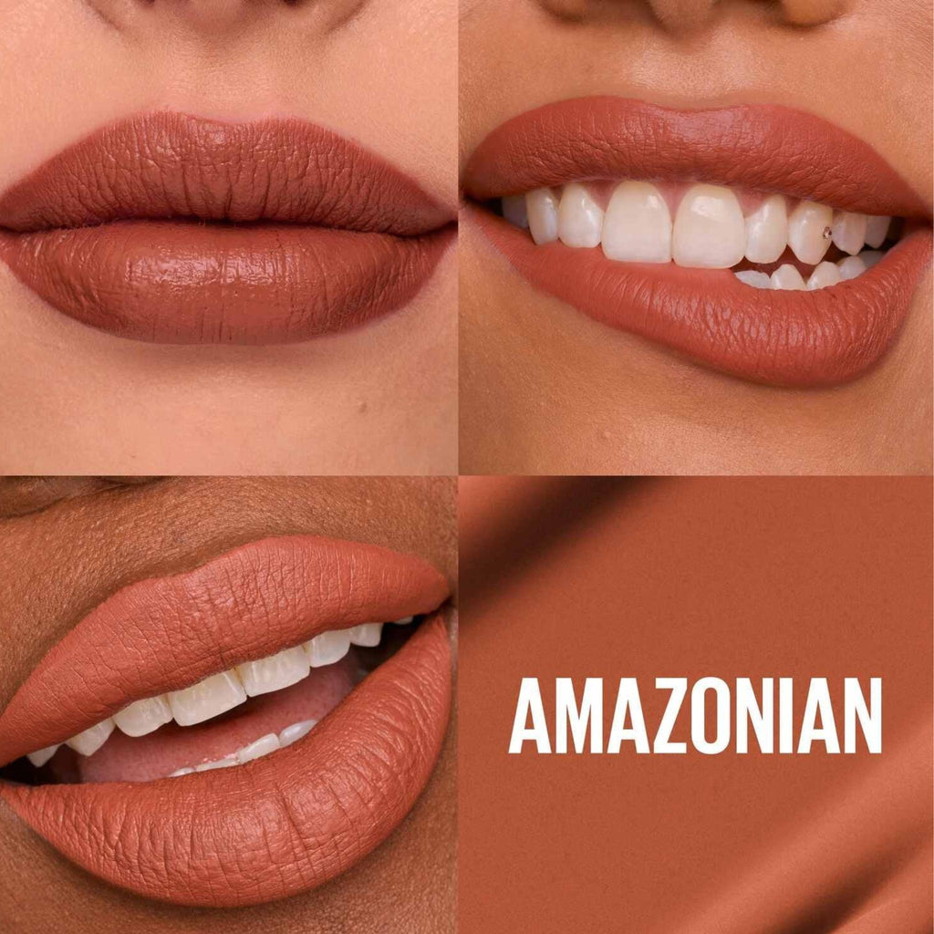 Refect Beauty Maybelline Super Stay Matte Ink liquid lipstick in Amazonian shade showing a warm terracotta matte finish