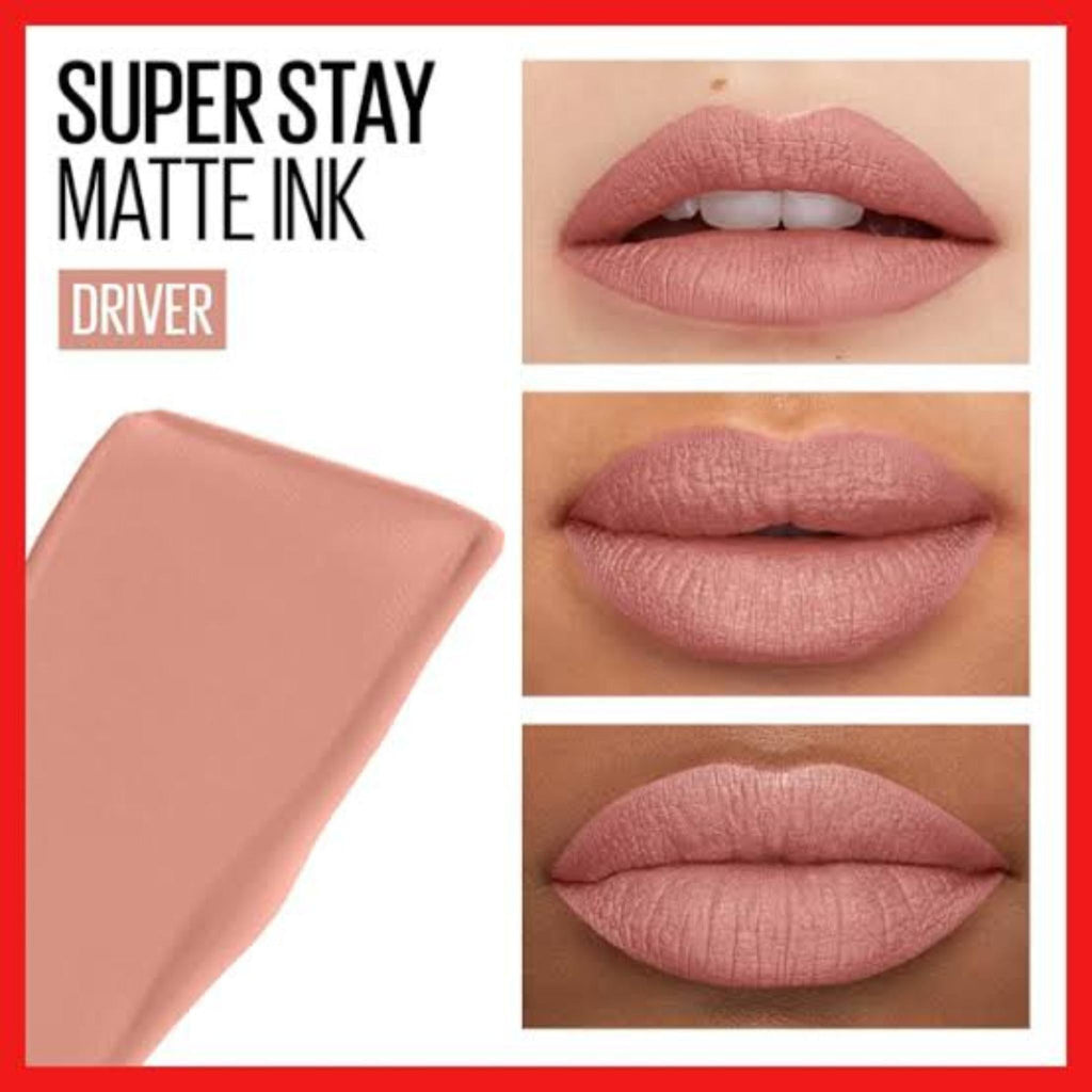 Refect Beauty Maybelline Super Stay Matte Ink liquid lipstick in shade Driver, showing matte nude lip swatches.
