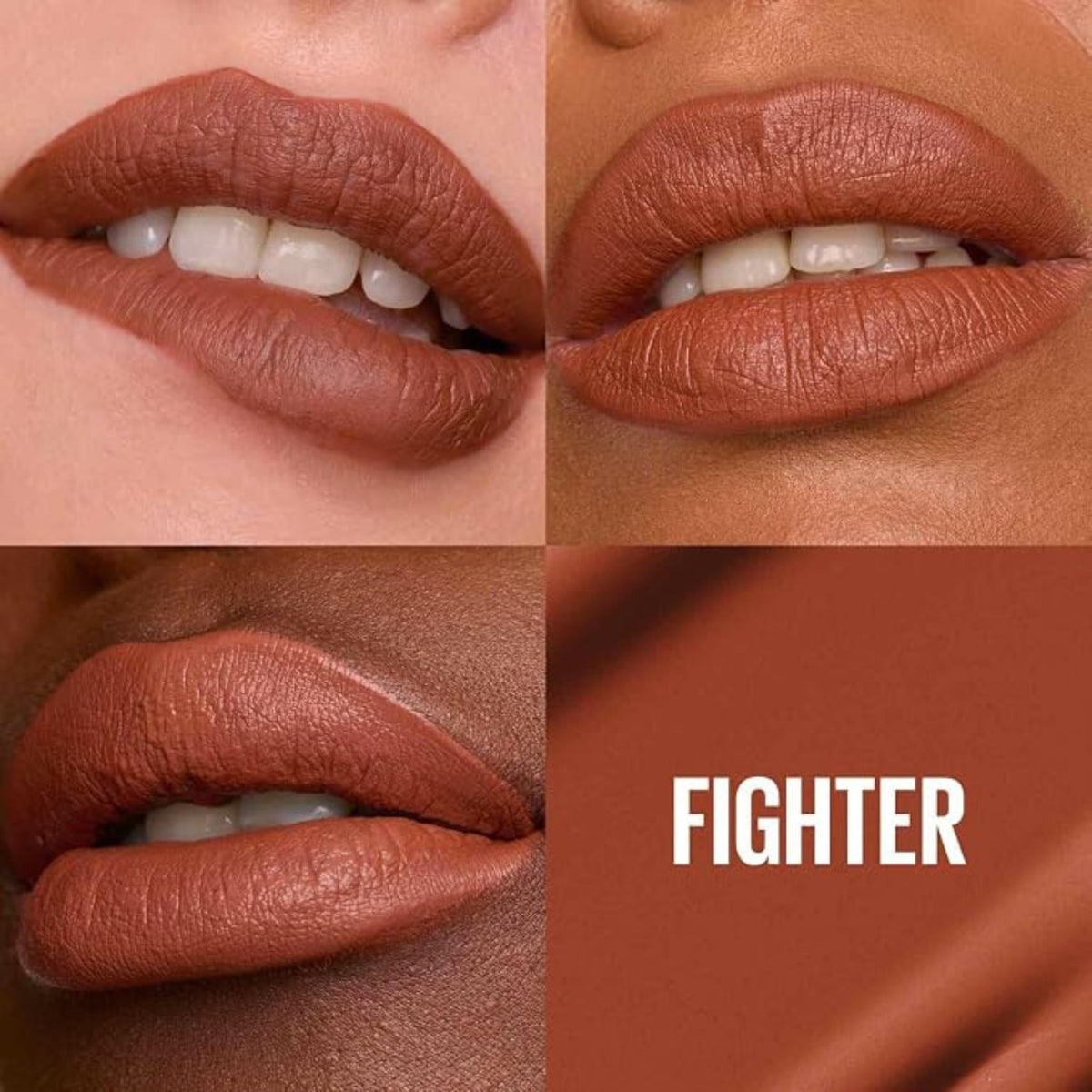 Refect Beauty Maybelline Super Stay Matte Ink liquid lipstick in the shade Fighter on diverse skin tones