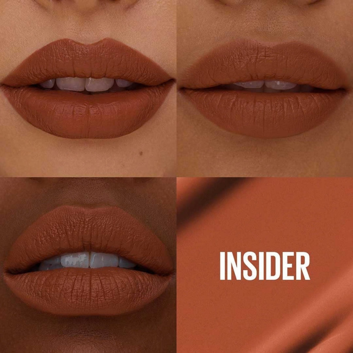 Refect Beauty Maybelline Super Stay Matte Ink liquid lipstick in Insider shade showing a rich terracotta matte finish