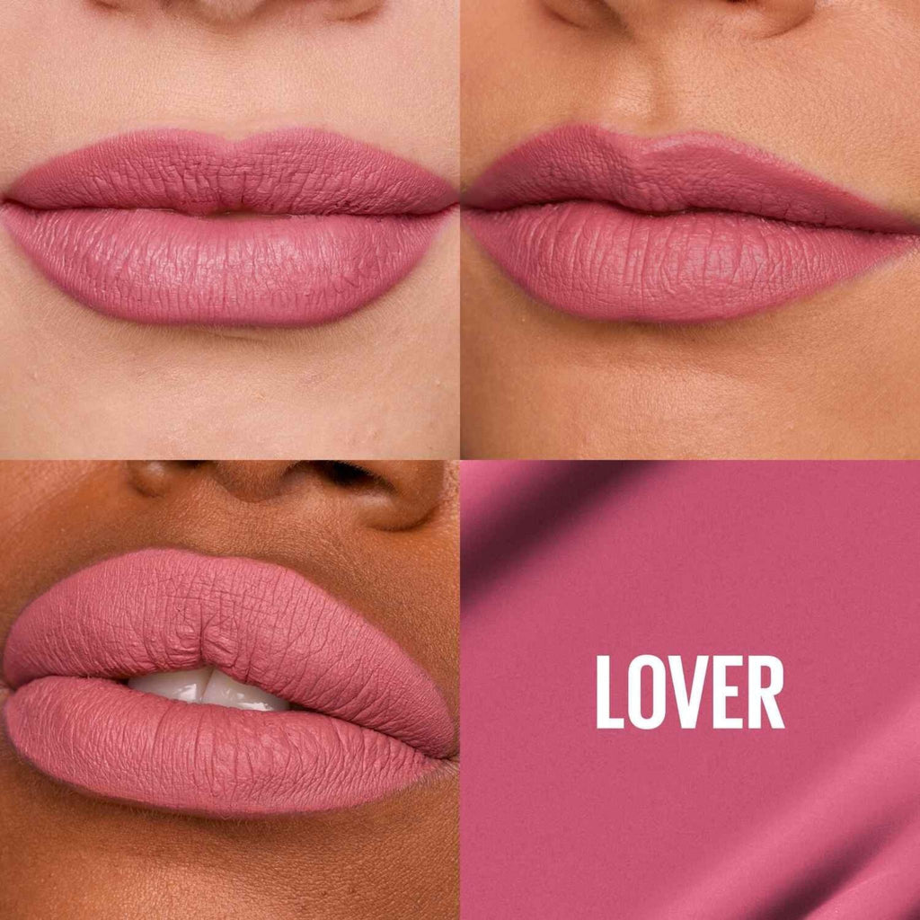 Refect Beauty Maybelline Super Stay Matte Ink liquid lipstick in the shade Lover, shown on diverse skin tones.