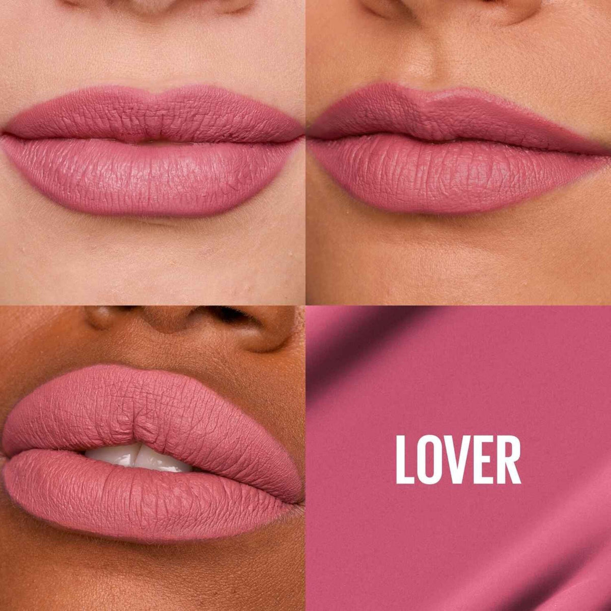 Refect Beauty Maybelline Super Stay Matte Ink liquid lipstick in the shade Lover, shown on diverse skin tones.