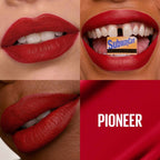 Refect Beauty Maybelline Super Stay Matte Ink liquid lipstick in vibrant red Pioneer shade on diverse skin tones