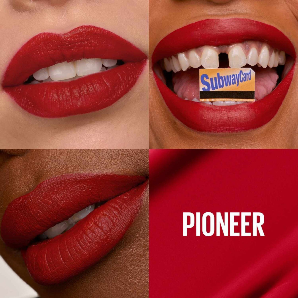 Refect Beauty Maybelline Super Stay Matte Ink liquid lipstick in vibrant red Pioneer shade on diverse skin tones