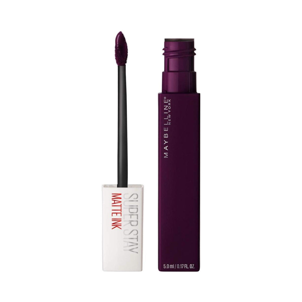 Refect Beauty Maybelline Super Stay Matte Ink liquid lipstick in a deep plum shade with a precision arrow applicator.