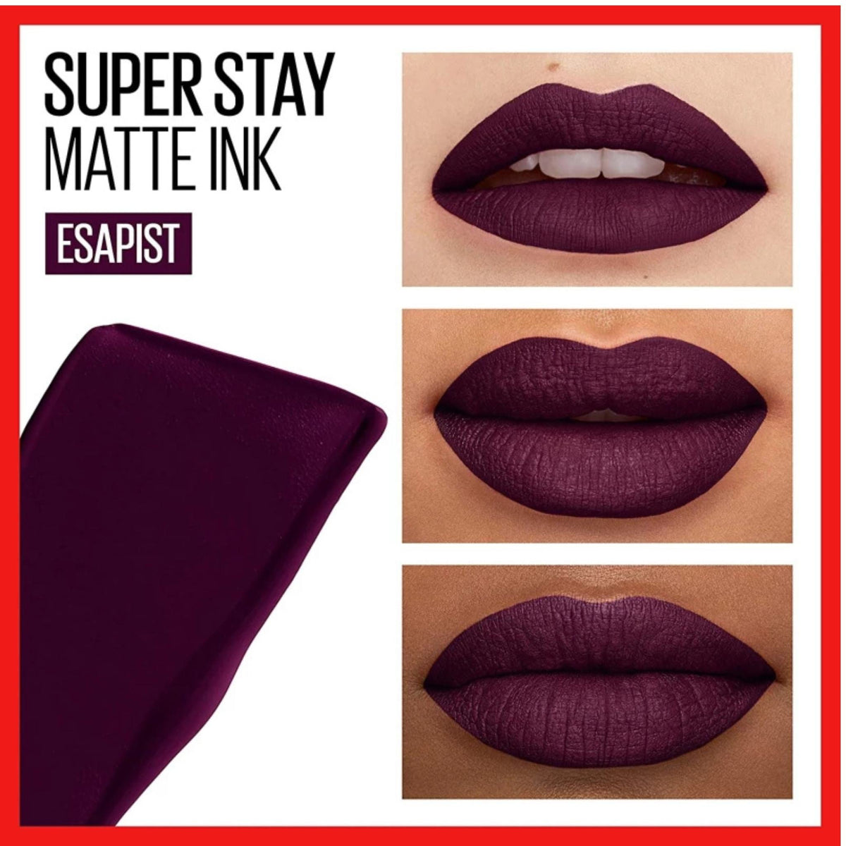 Refect Beauty Maybelline Super Stay Matte Ink liquid lipstick in deep purple Esapist shade on lips with matte finish