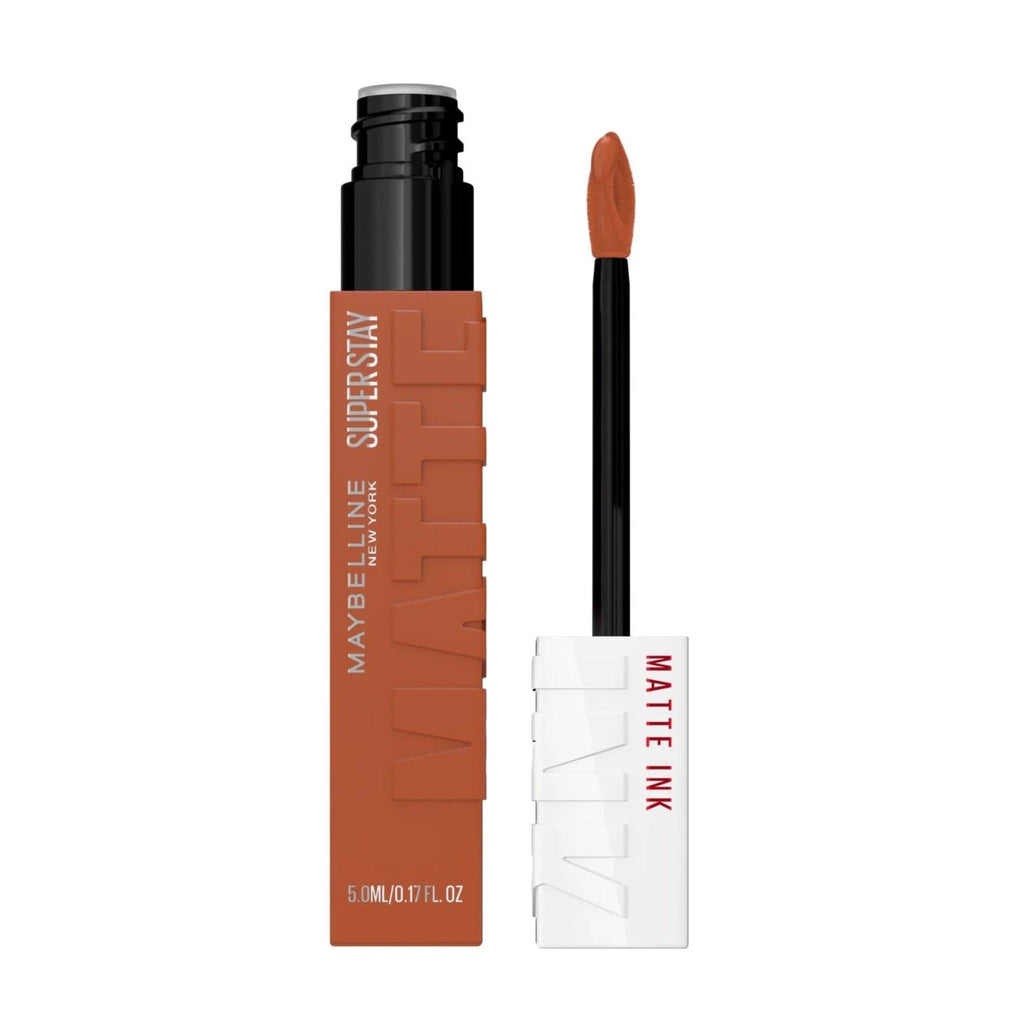 Refect Beauty Maybelline Super Stay Matte Ink liquid lipstick in a warm terracotta shade with arrow applicator