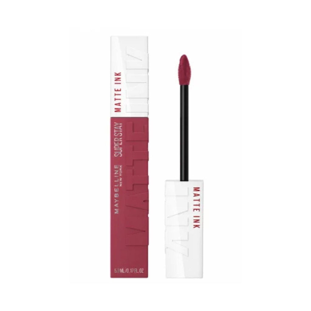 Refect Beauty Maybelline Super Stay Matte Ink liquid lipstick in a deep berry shade with its box and arrow applicator