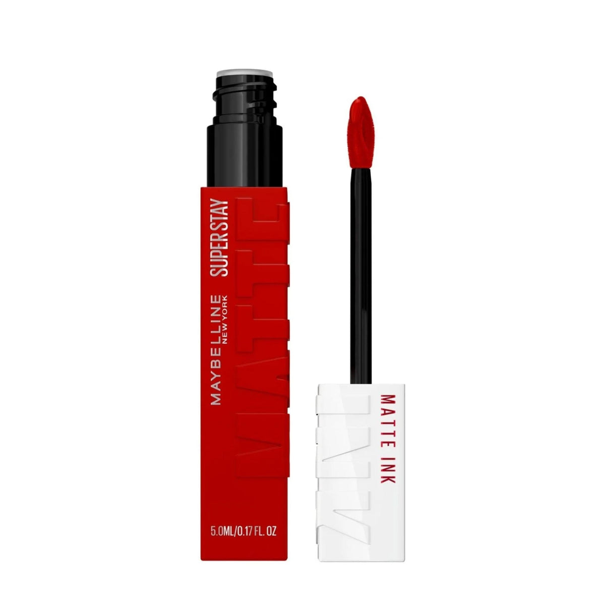 Refect Beauty Maybelline Super Stay Matte Ink liquid lipstick in a vibrant red shade with a precision applicator.