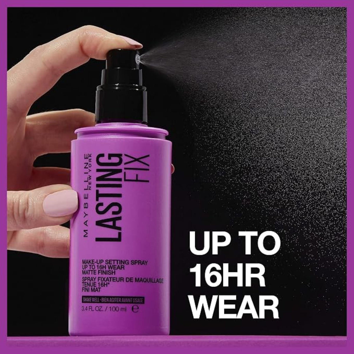 Refect Beauty Maybelline Lasting Fix matte makeup setting spray being sprayed from a purple bottle