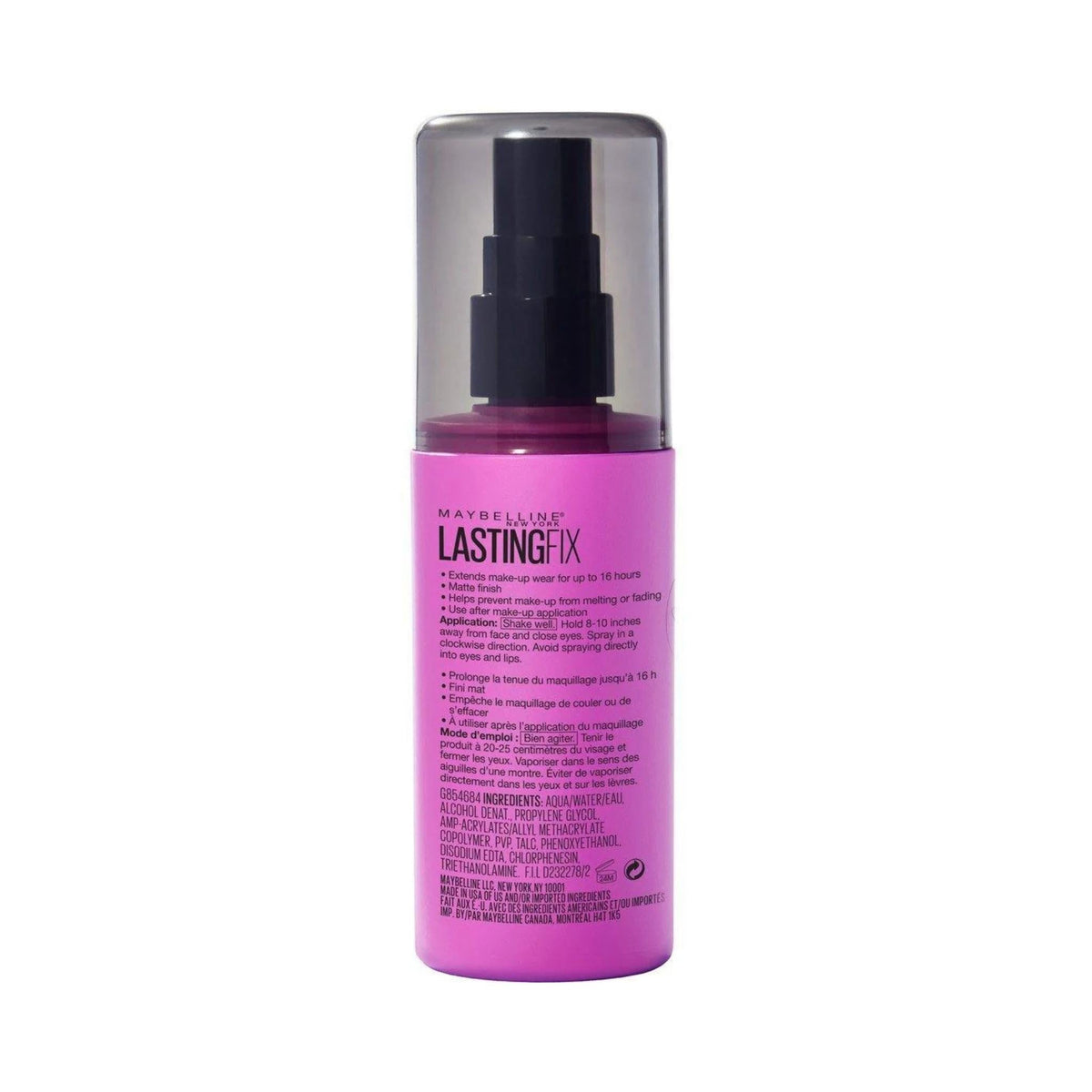 Refect Beauty Maybelline Lasting Fix matte makeup setting spray in a purple bottle with a black pump cap.