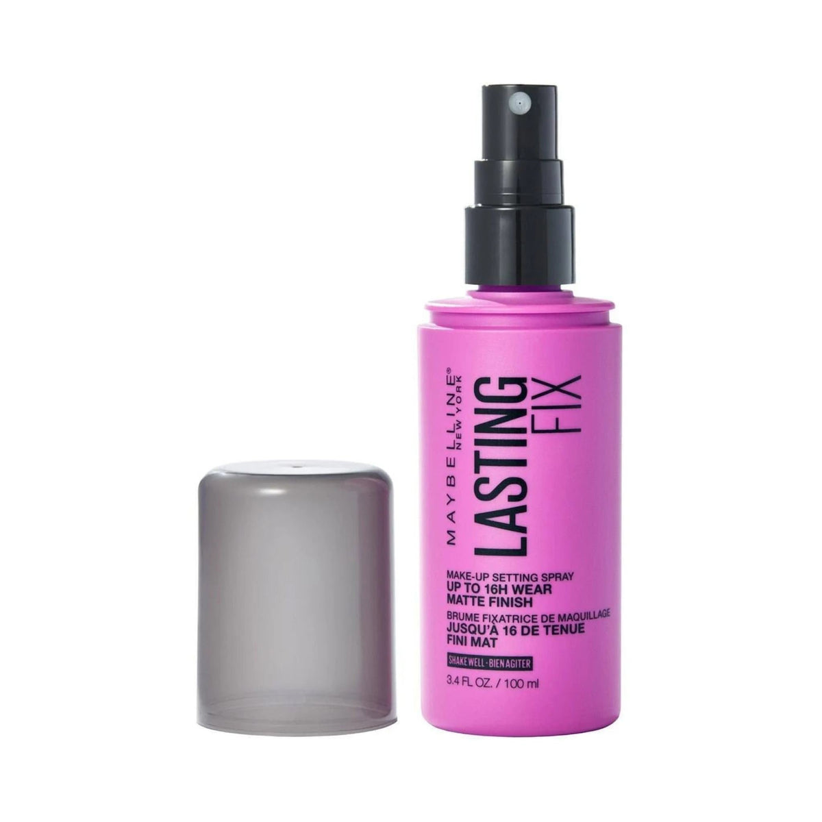Refect Beauty Maybelline Lasting Fix matte makeup setting spray in a bright pink bottle with a black spray nozzle.