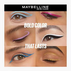 Refect Beauty Maybelline Tattoo Liner Play showing six different bold metallic eyeliner styles on various eye shapes
