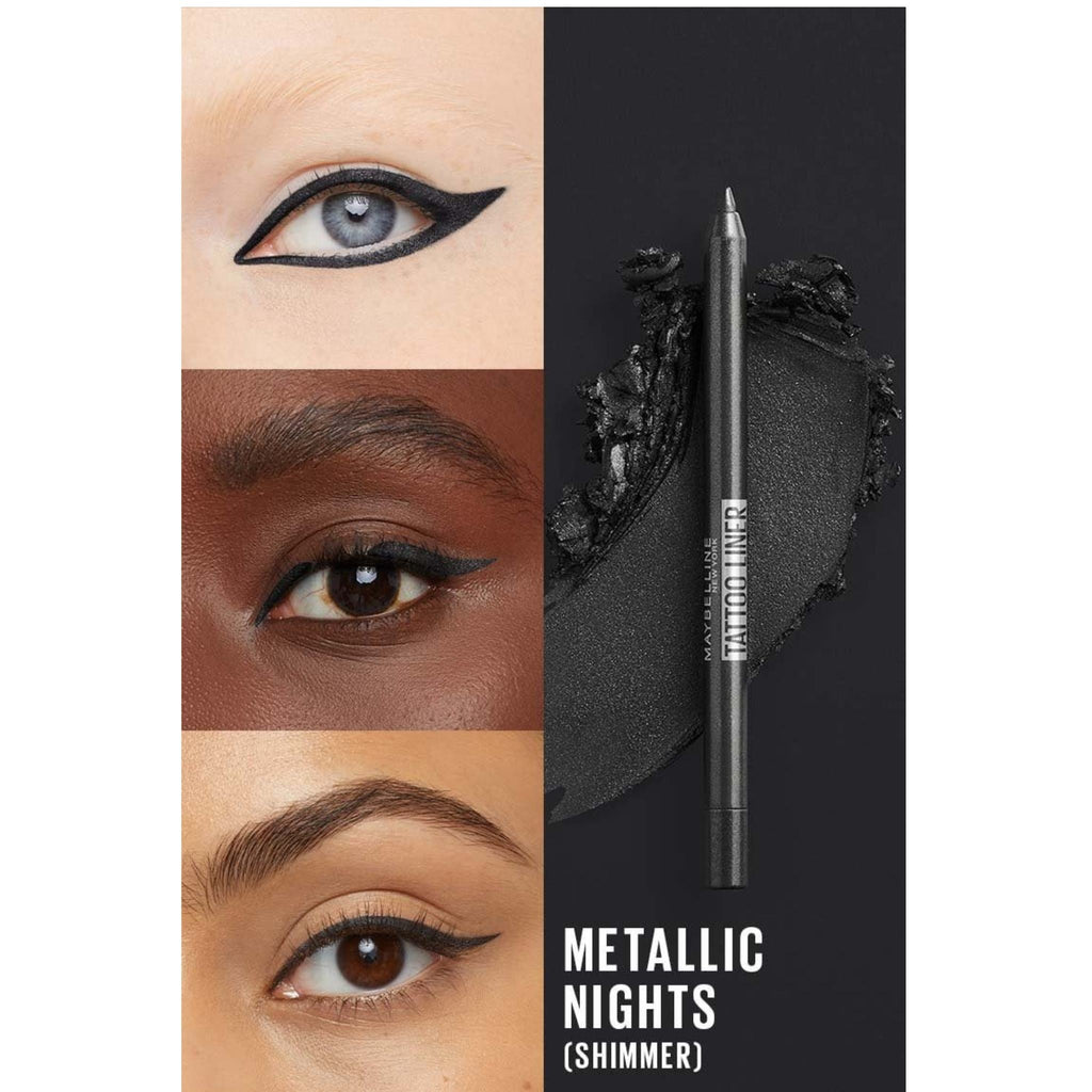 Refect Beauty Maybelline Tattoo Studio waterproof gel eyeliner pencil in Metallic Nights shimmer shade on three eyes.