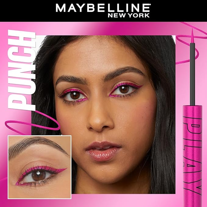 Refect Beauty model wearing metallic pink Maybelline Tattoo Liner Play with a precise winged eyeliner look