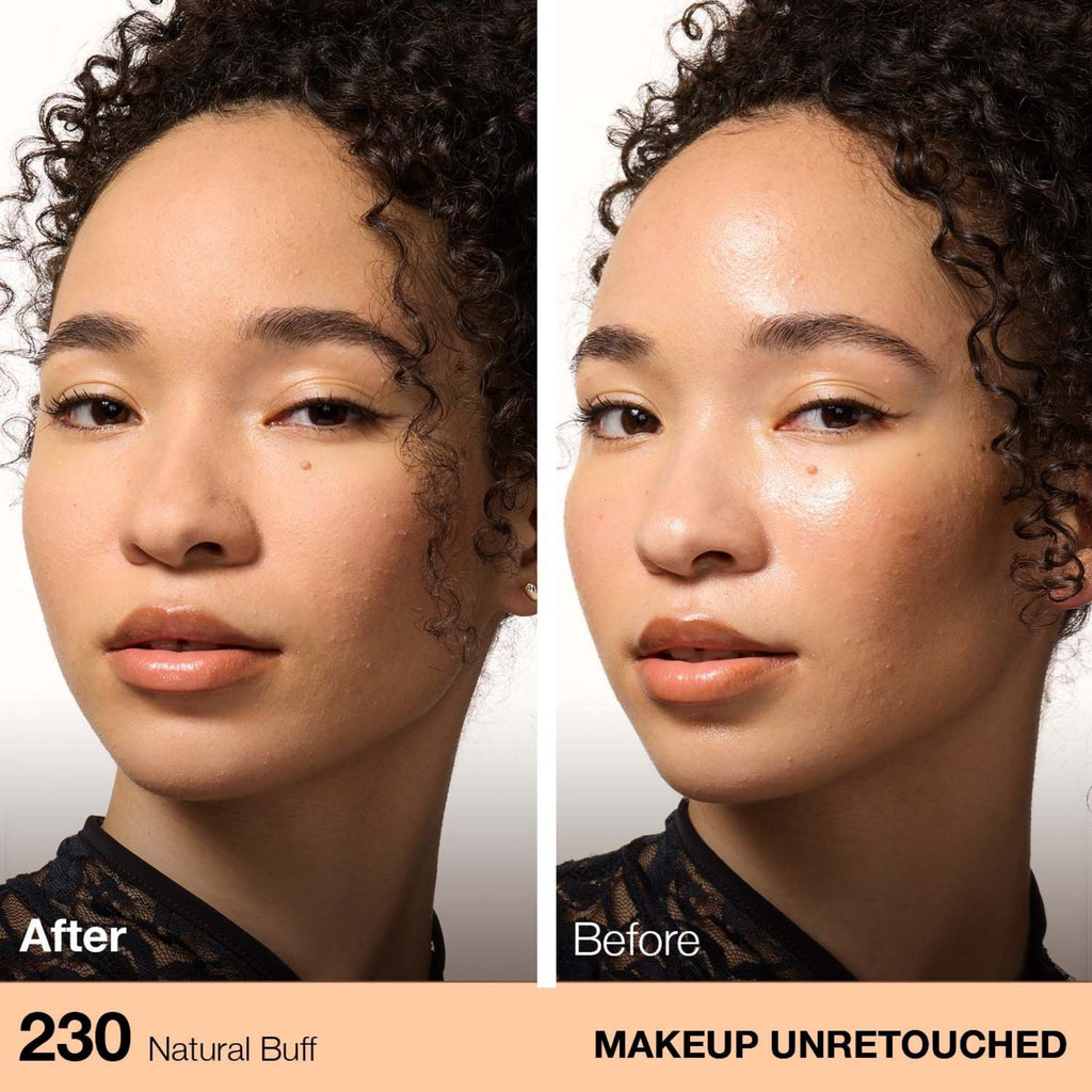 Refect Beauty Maybelline Fit Me Matte + Poreless Powder in 230 Natural Buff showing before and after skin application