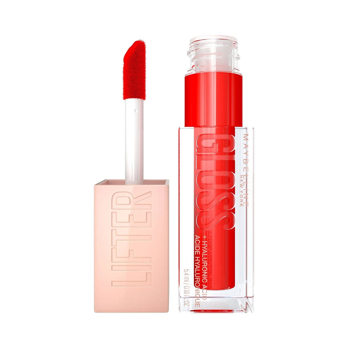 Refect Beauty Maybelline Lifter Gloss in a vibrant red shade with an XL applicator wand for a hydrating, shiny finish.
