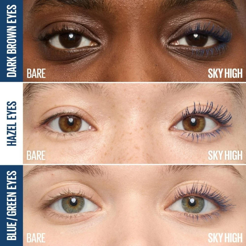 Refect Beauty Maybelline Sky High Blue Mist mascara showing before and after lash results on diverse eye colors