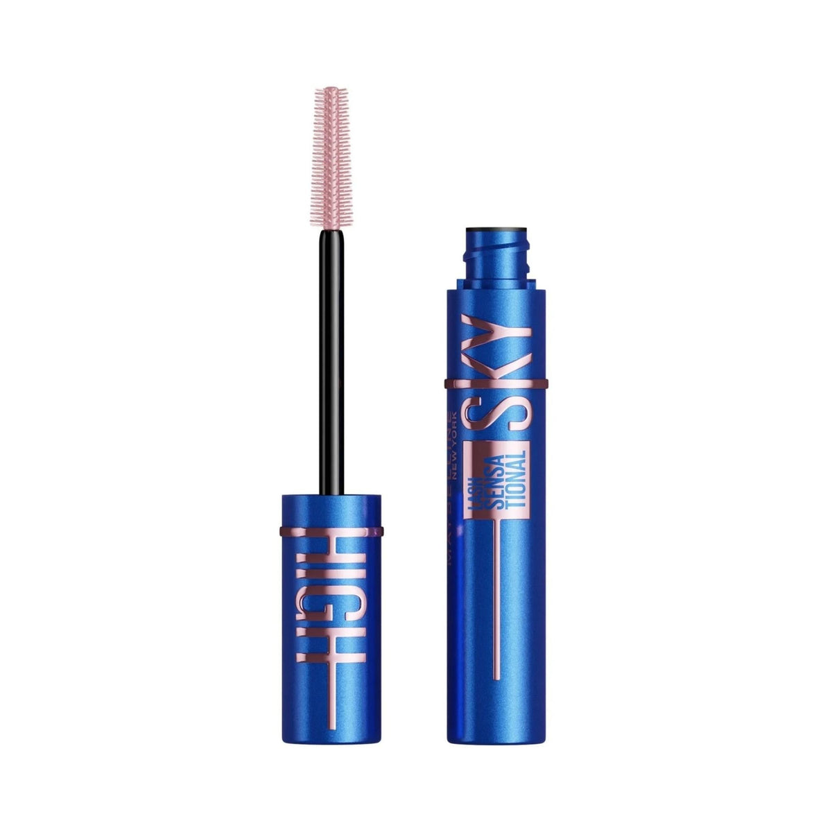 Refect Beauty Maybelline Sky High Blue Mist mascara tube and flexible wand with a light pink applicator brush