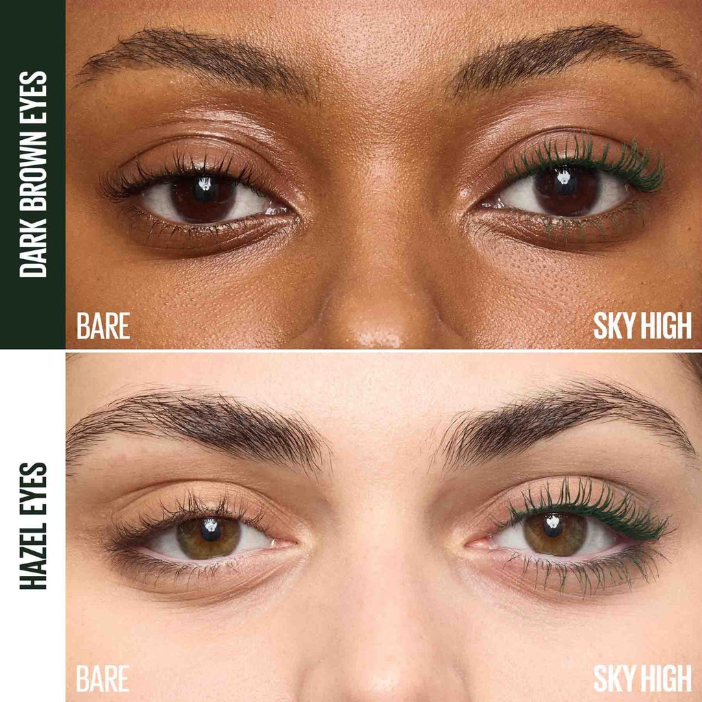 Refect Beauty Maybelline Sky High mascara in Green Altitude showing before and after results on dark brown and hazel eyes