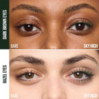 Refect Beauty Maybelline Sky High mascara in Green Altitude showing before and after results on dark brown and hazel eyes
