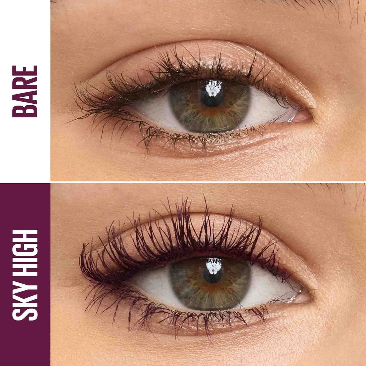 Refect Beauty comparison of bare lashes versus lashes with Maybelline Sky High mascara for length and volume
