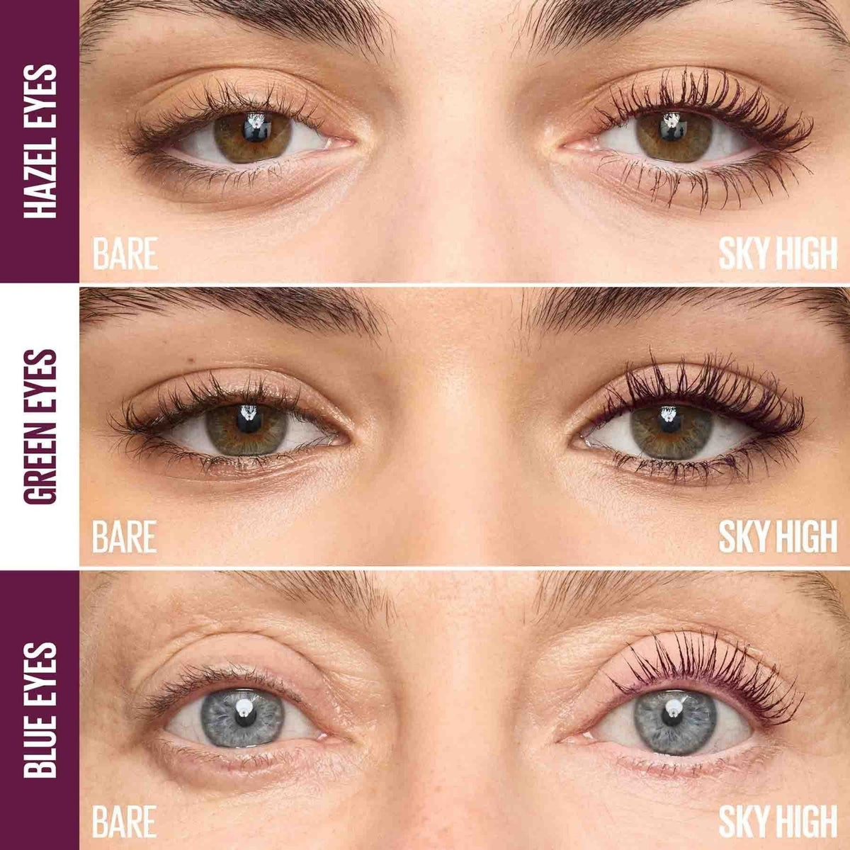 Refect Beauty comparison of bare lashes versus Maybelline Sky High mascara on hazel, green, and blue eyes