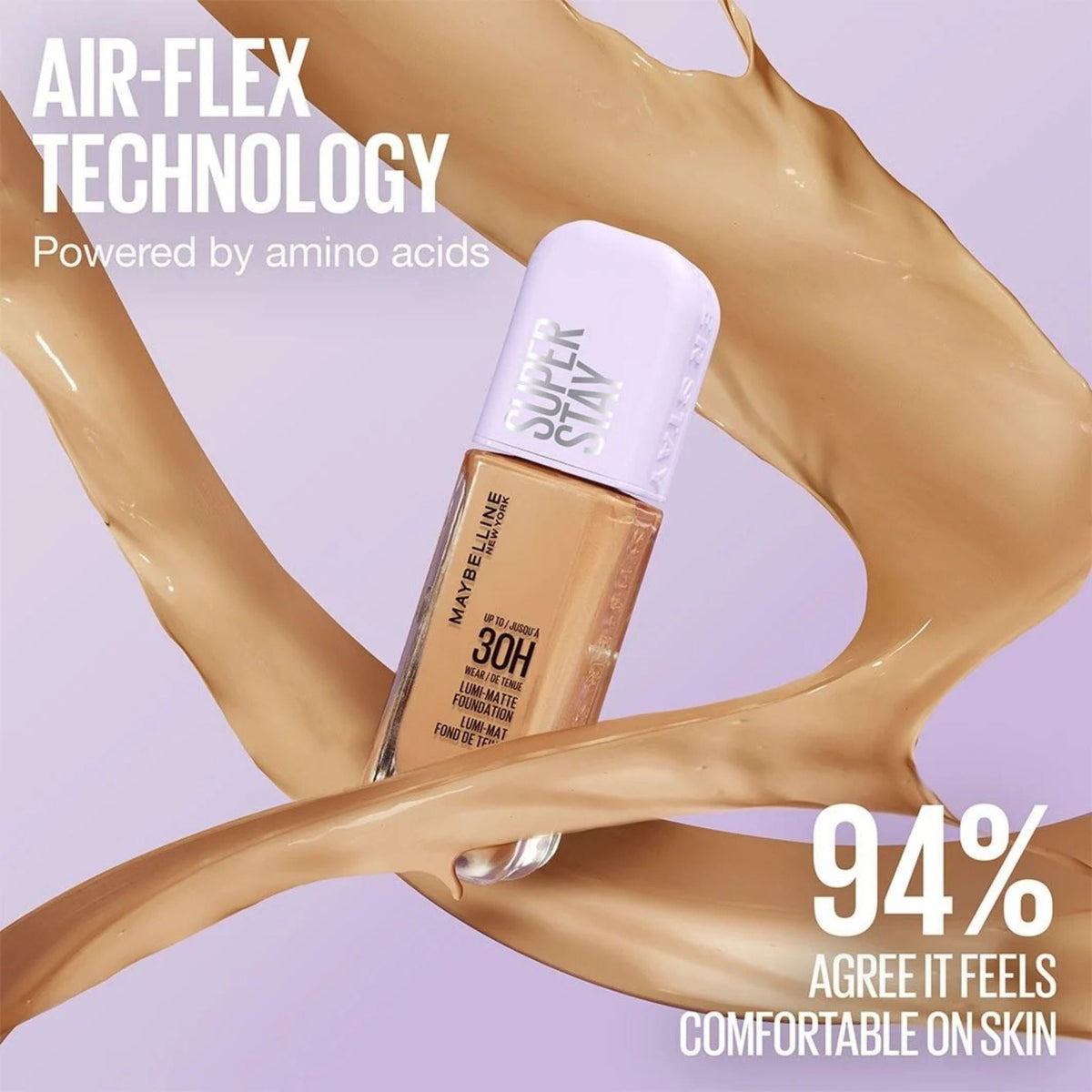 Refect Beauty Maybelline Super Stay 30H Lumi-Matte foundation bottle surrounded by liquid foundation swirls