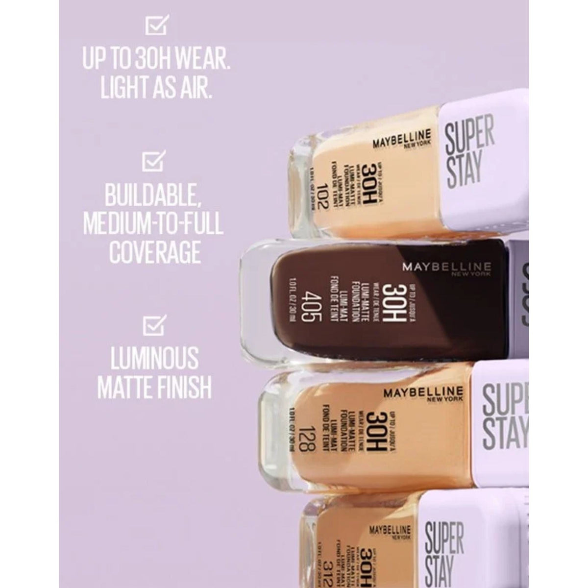 Refect Beauty Maybelline Super Stay 30H Lumi Matte Foundation bottles stacked in various shades for long-wear coverage.
