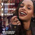 Refect Beauty model applying brown Maybelline Super Stay Teddy Tint liquid lipstick with a blurred matte finish