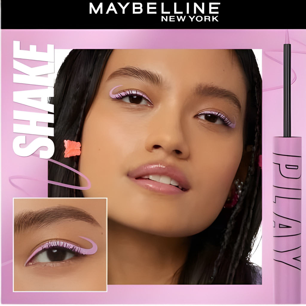 Refect Beauty model wearing Maybelline Tattoo Liner Play in metallic lavender with a precise winged eyeliner look