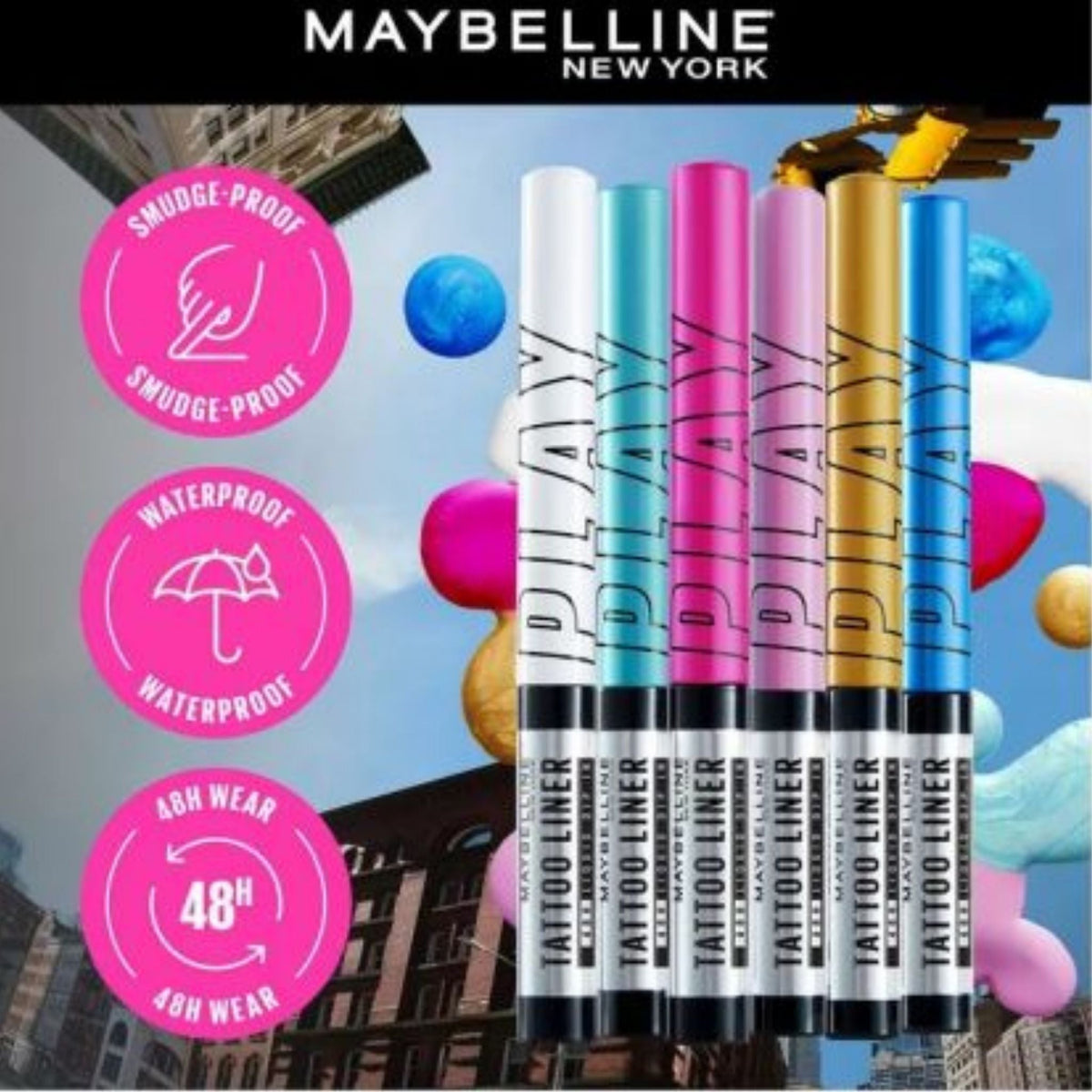 Refect Beauty Maybelline Tattoo Liner Play metallic liquid eyeliners in various vibrant colours with felt tips.