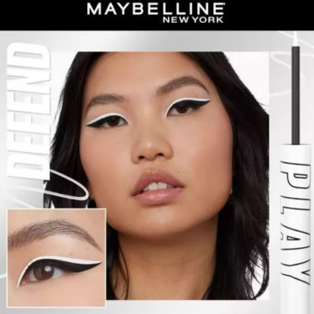 Refect Beauty model wearing bold white graphic eyeliner created with Maybelline Tattoo Liner Play liquid pen