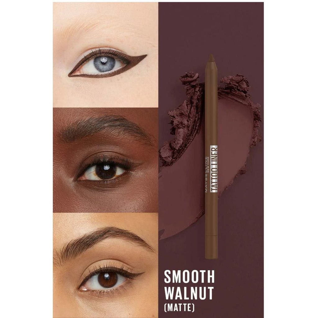 Refect Beauty Maybelline Tattoo Studio waterproof gel eyeliner pencil in Smooth Walnut matte brown shade on skin