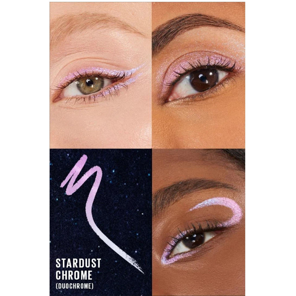 Refect Beauty Maybelline Tattoo Studio gel eyeliner in Stardust Chrome showing iridescent purple duochrome swatches
