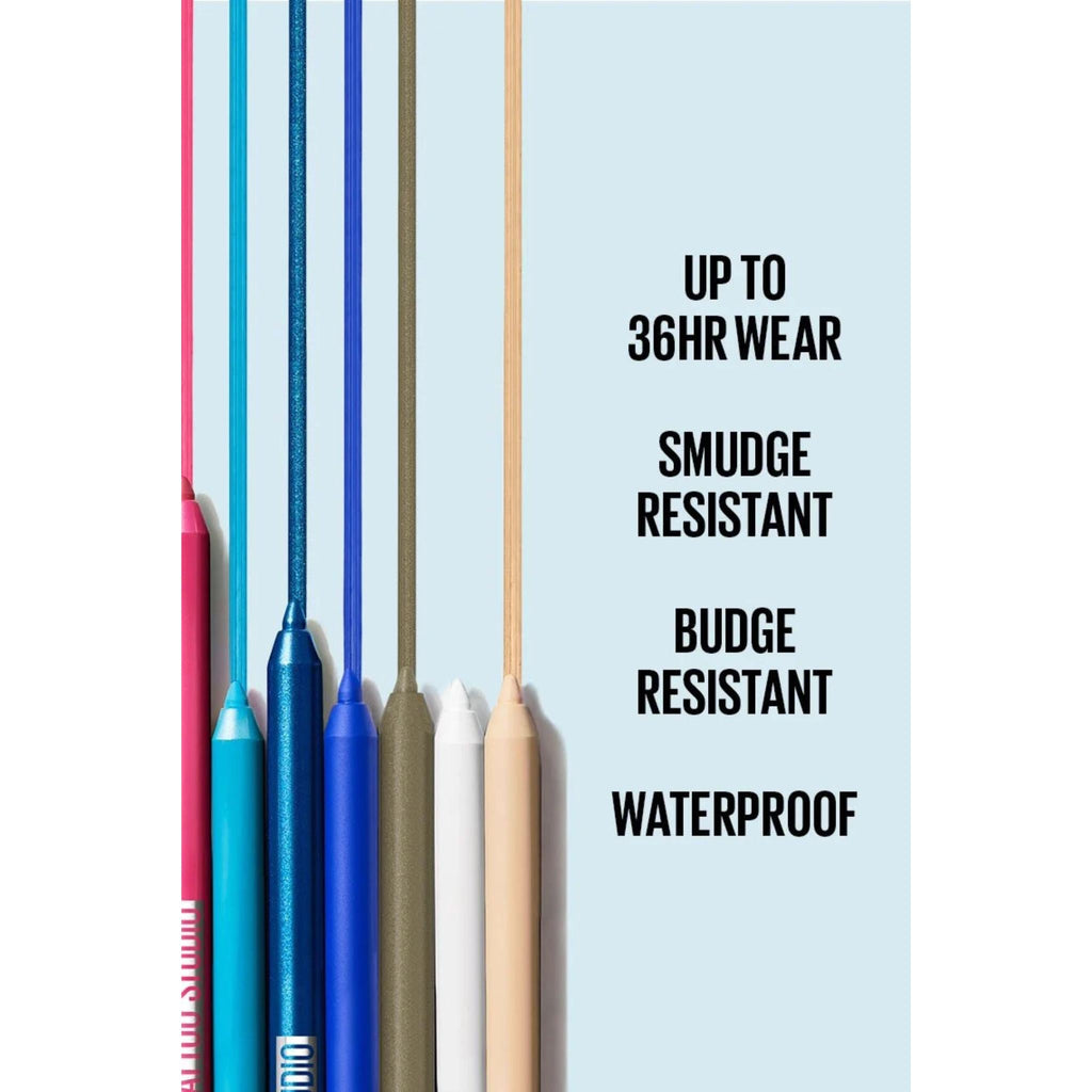 Refect Beauty Maybelline Tattoo Studio gel eyeliner pencils in various vibrant colors against a light blue background.