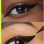 Refect Beauty Maybelline Tattoo Studio liquid eyeliner creating a sharp black winged cat eye on two different skin tones
