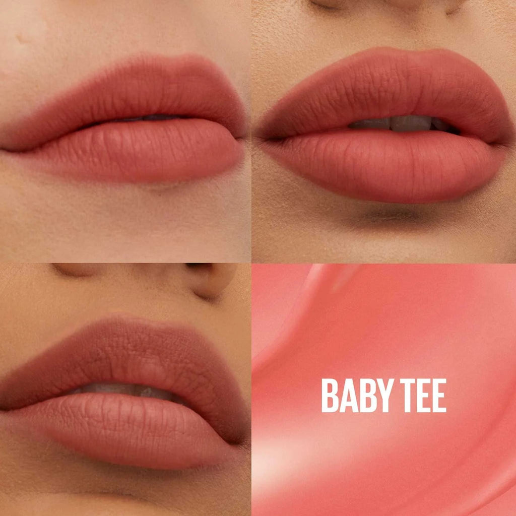 Refect Beauty Maybelline Super Stay Teddy Tint in Baby Tee shade showing a soft matte finish on different skin tones