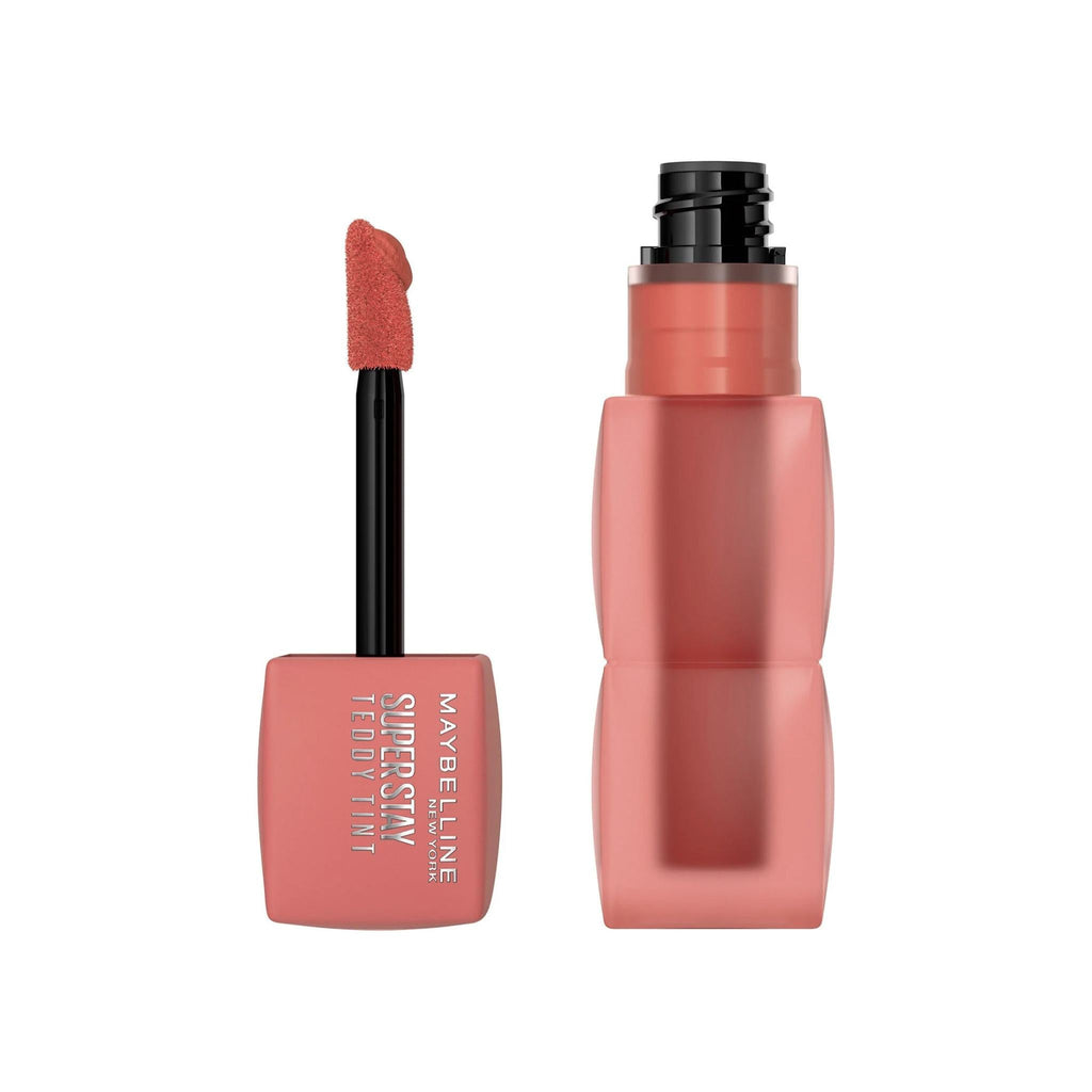 Refect Beauty Maybelline Super Stay Teddy Tint liquid lip color in a soft coral shade with a sponge applicator.