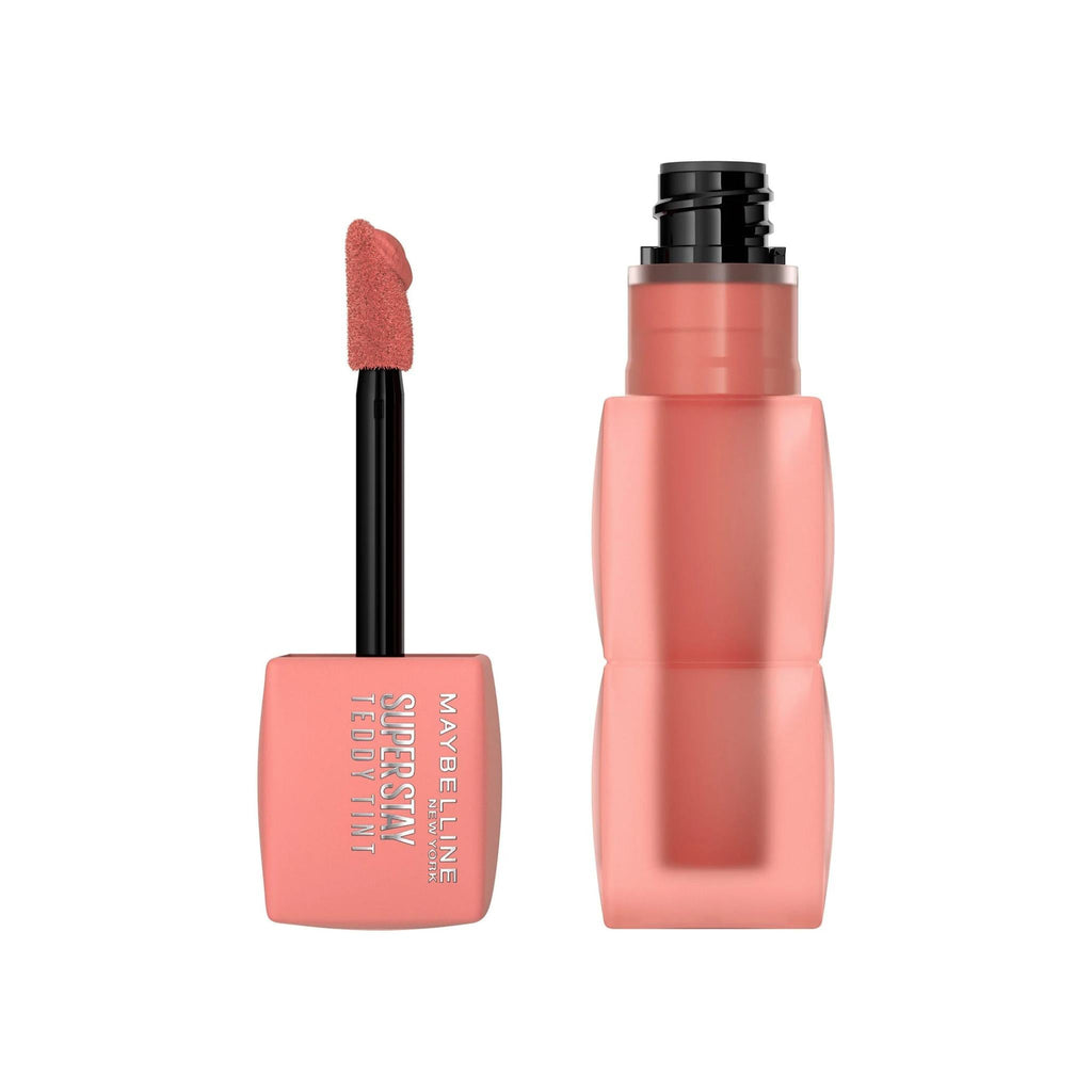 Refect Beauty Maybelline Super Stay Teddy Tint liquid lip tint in a soft coral shade with a doe-foot applicator.