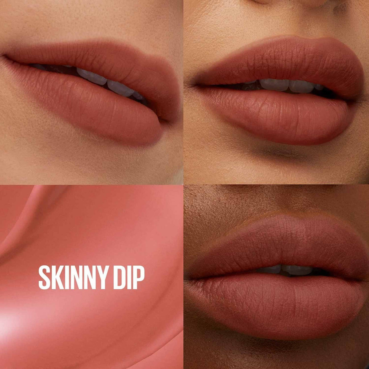 Refect Beauty Maybelline Super Stay Teddy Tint in Skinny Dip shade showing a natural matte finish on various skin tones