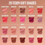 Refect Beauty Maybelline Super Stay Teddy Tint lip color swatches in 20 diverse matte shades on a neutral background.