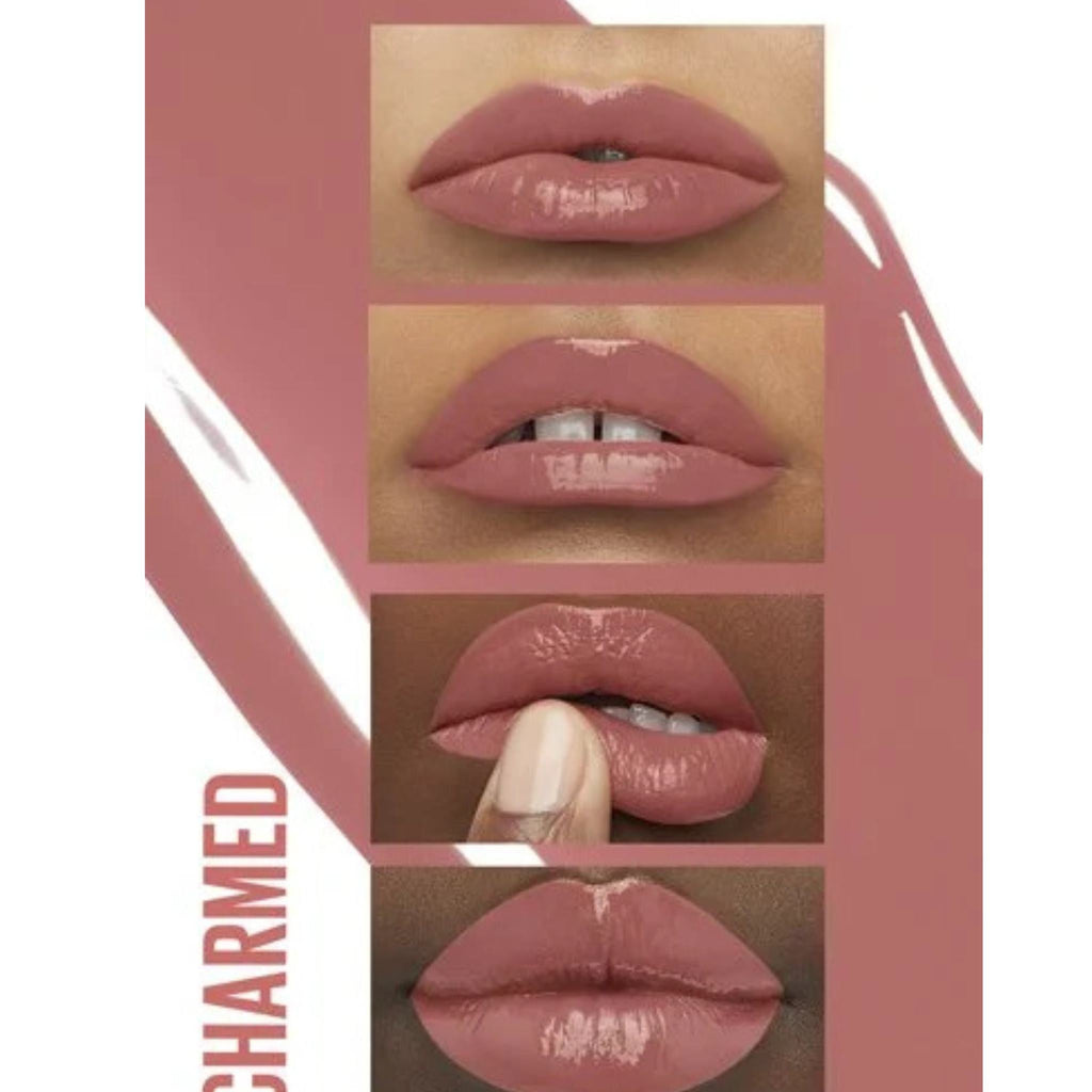 Refect Beauty Maybelline Superstay Vinyl Ink lipstick in Charmed, a glossy mauve liquid lip color on diverse skin tones