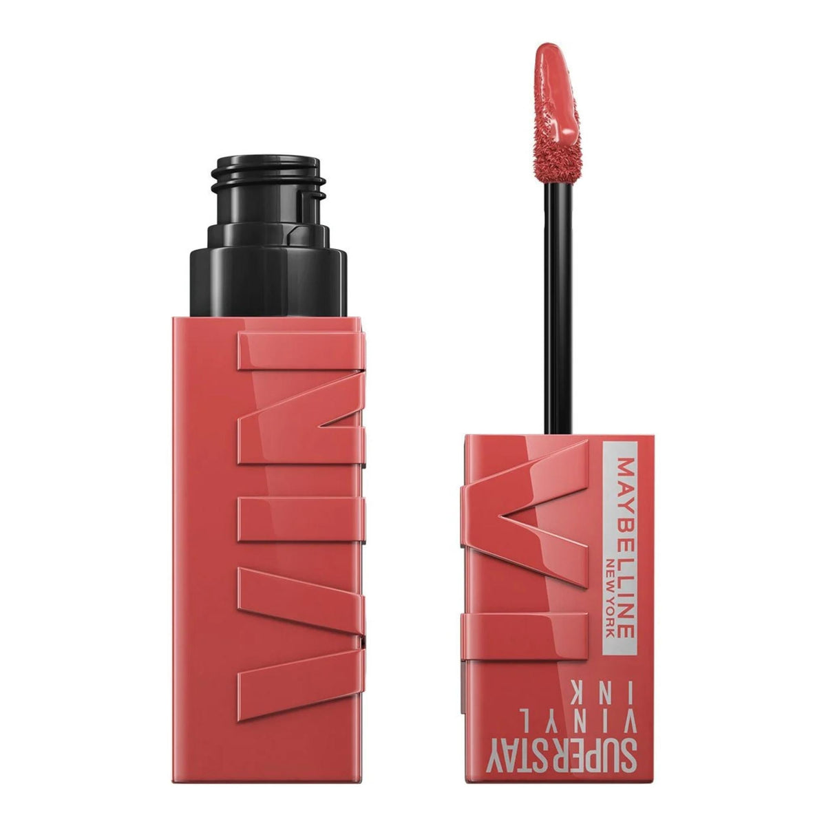 Refect Beauty Maybelline Superstay Vinyl Ink liquid lipstick in a coral pink shade with applicator wand