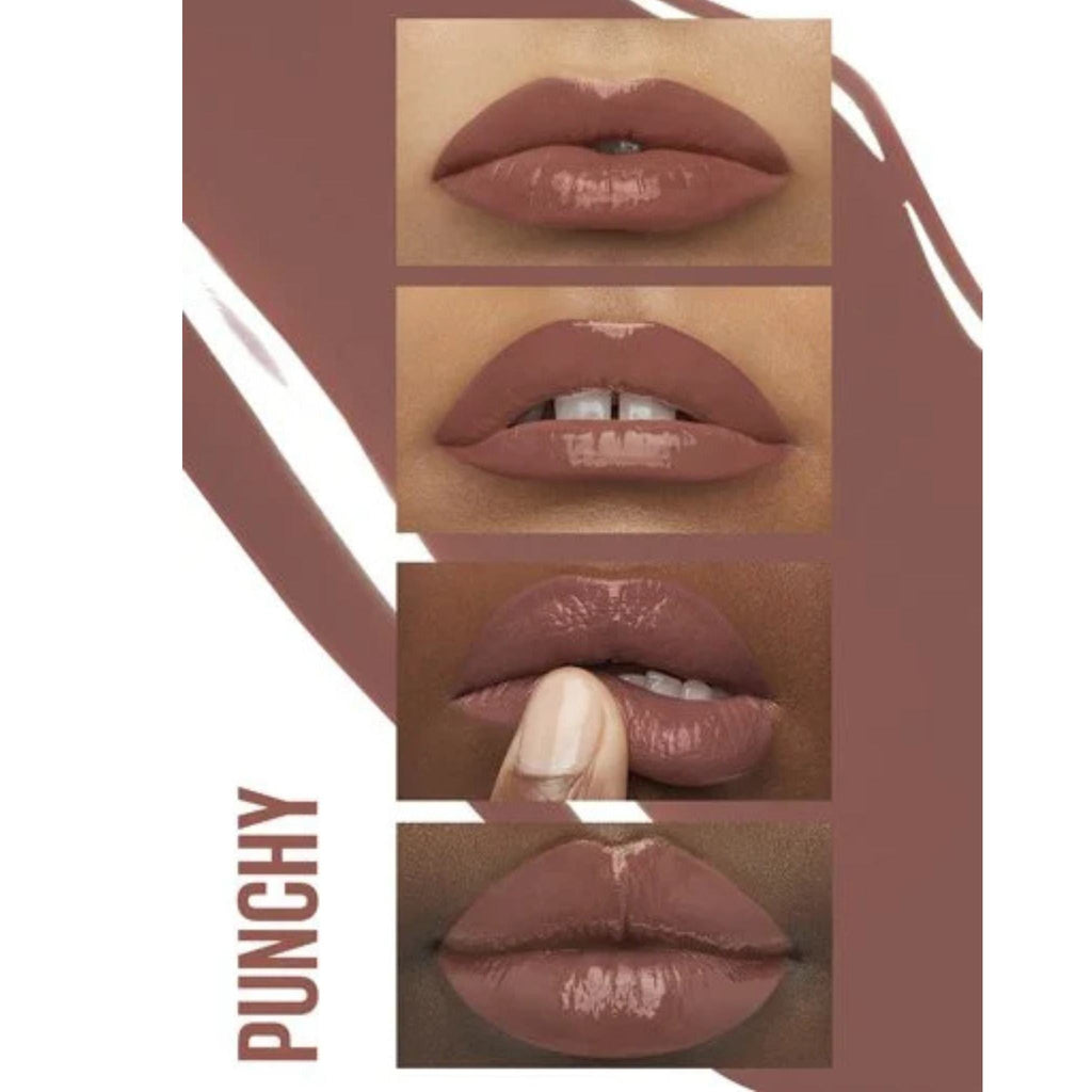 Refect Beauty Maybelline Superstay Vinyl Ink lipstick in Punchy shade, showing glossy mauve-brown lip swatches.