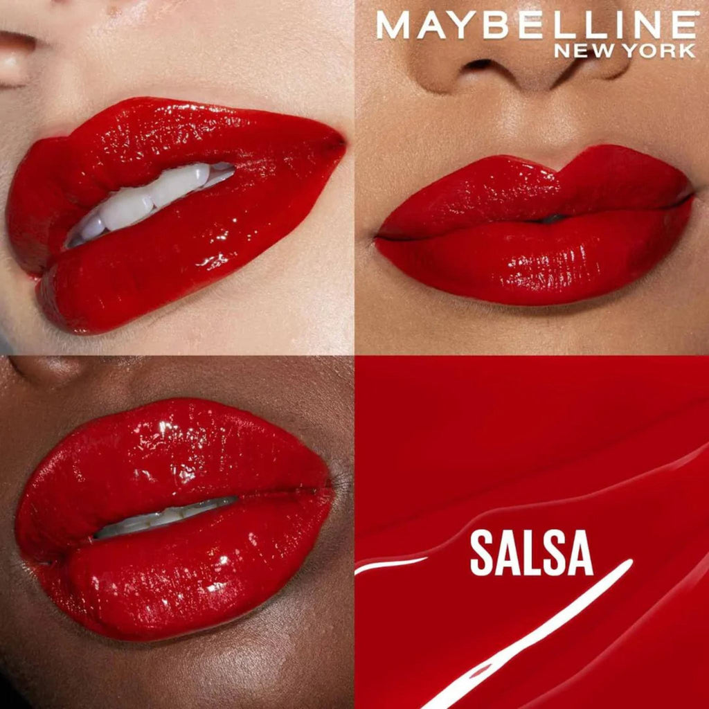 Refect Beauty Maybelline Super Stay Vinyl Ink liquid lipstick in Salsa, a vibrant red with a high-shine vinyl finish.