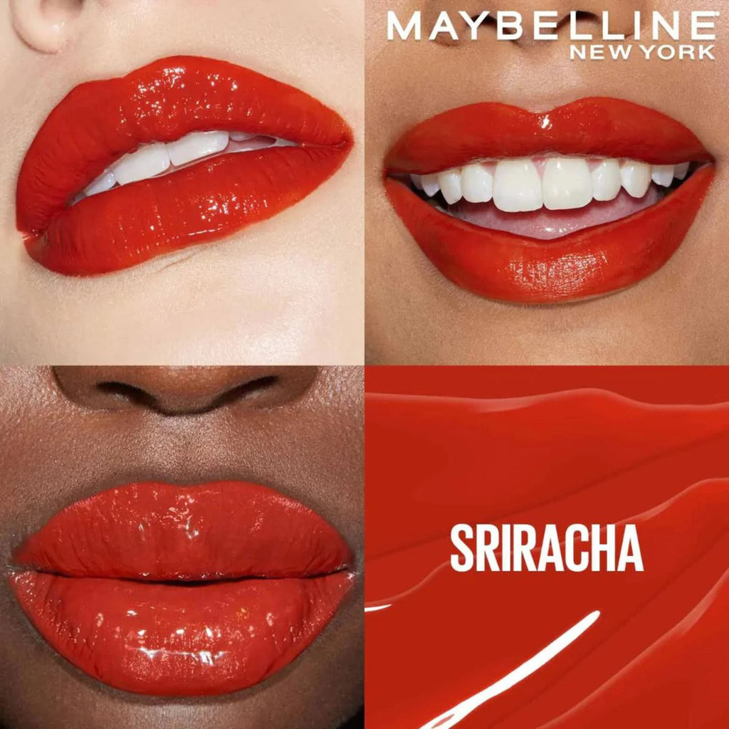 Refect Beauty Maybelline Super Stay Vinyl Ink liquid lipstick in Sriracha, showing a vibrant high-shine red finish.